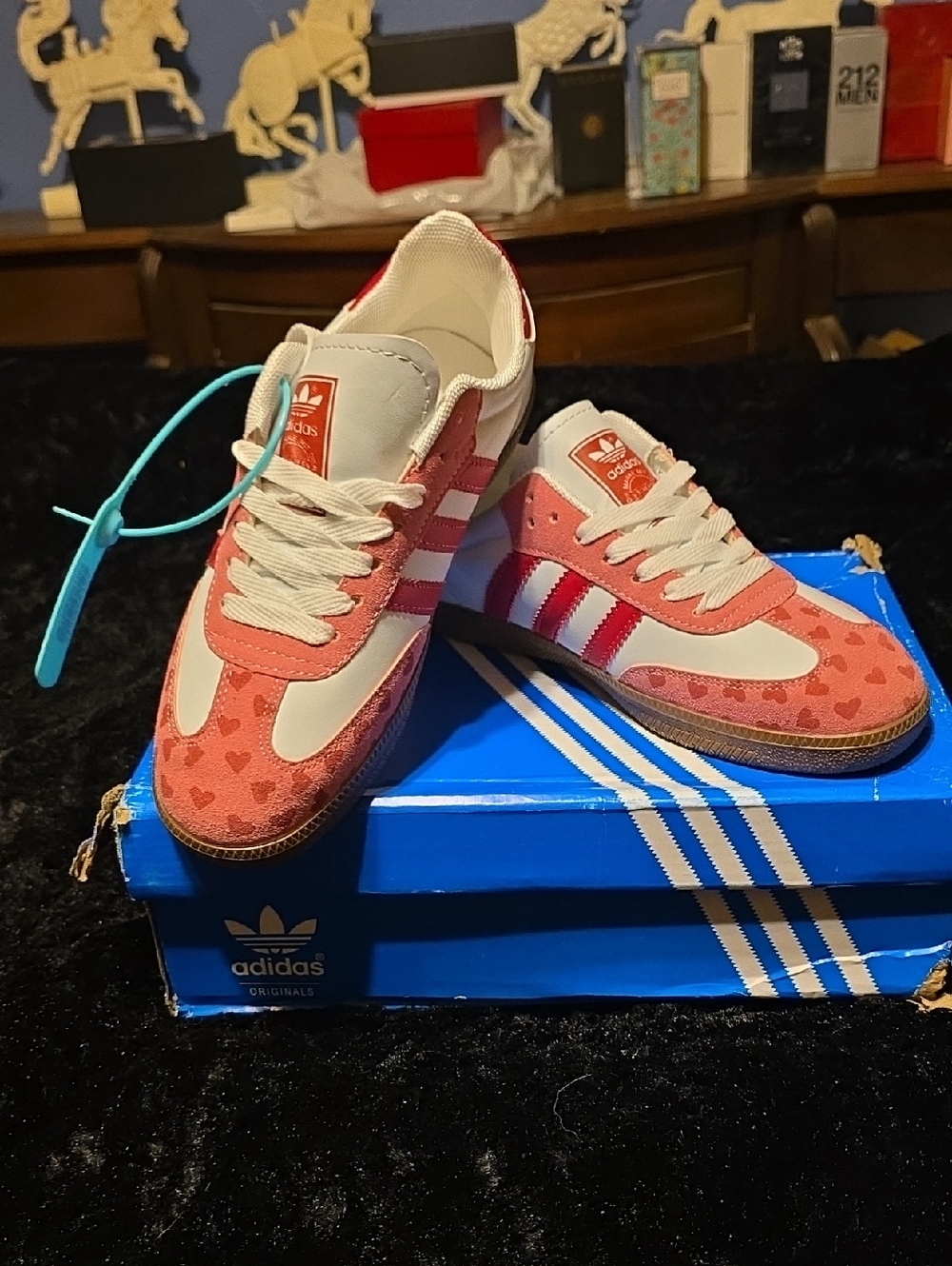 adidas Pink and White Heart-Print Gazelle Sneakers